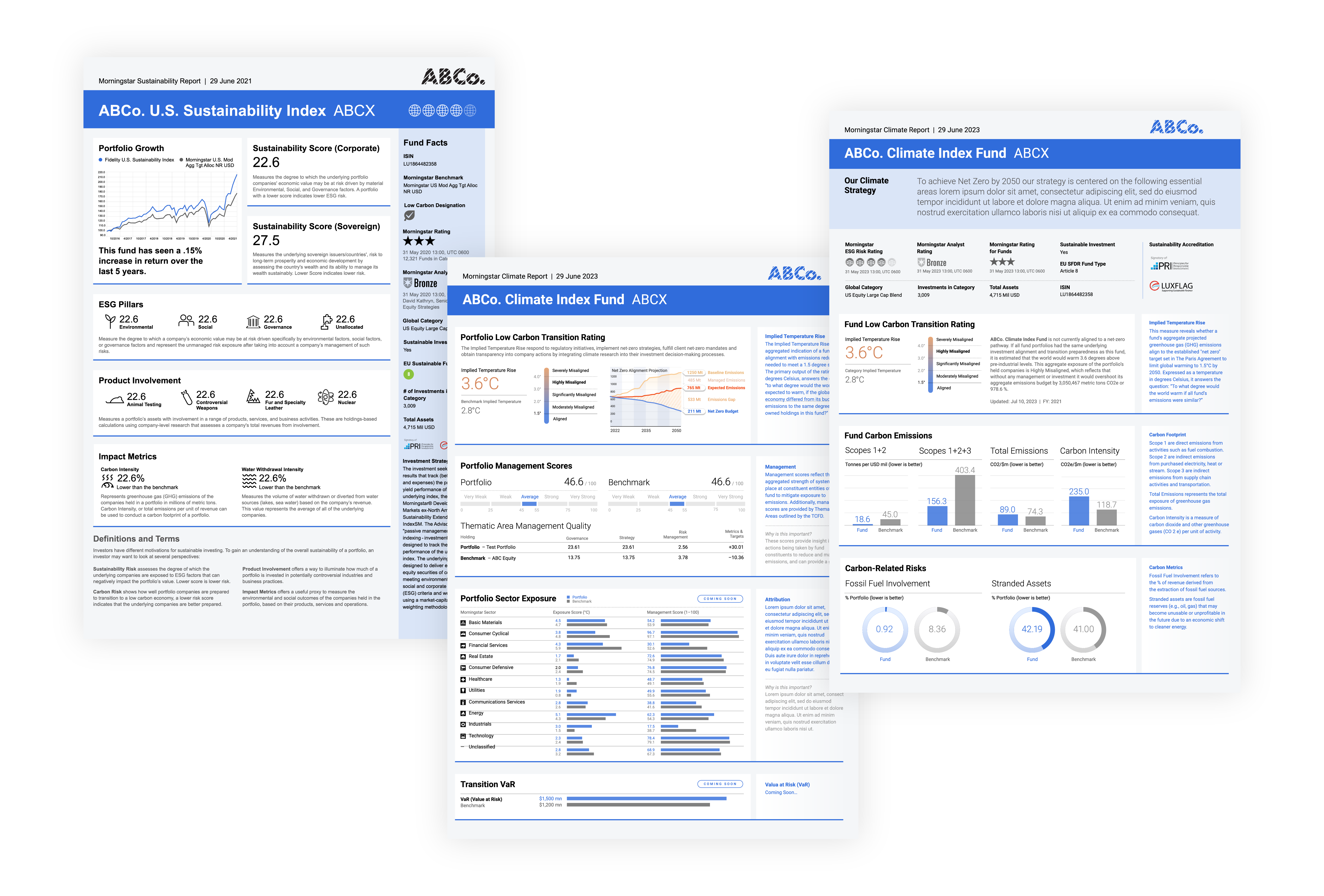 A collage of three hypothetical climate and sustainability reports generated by Morningstar Publishing System. 