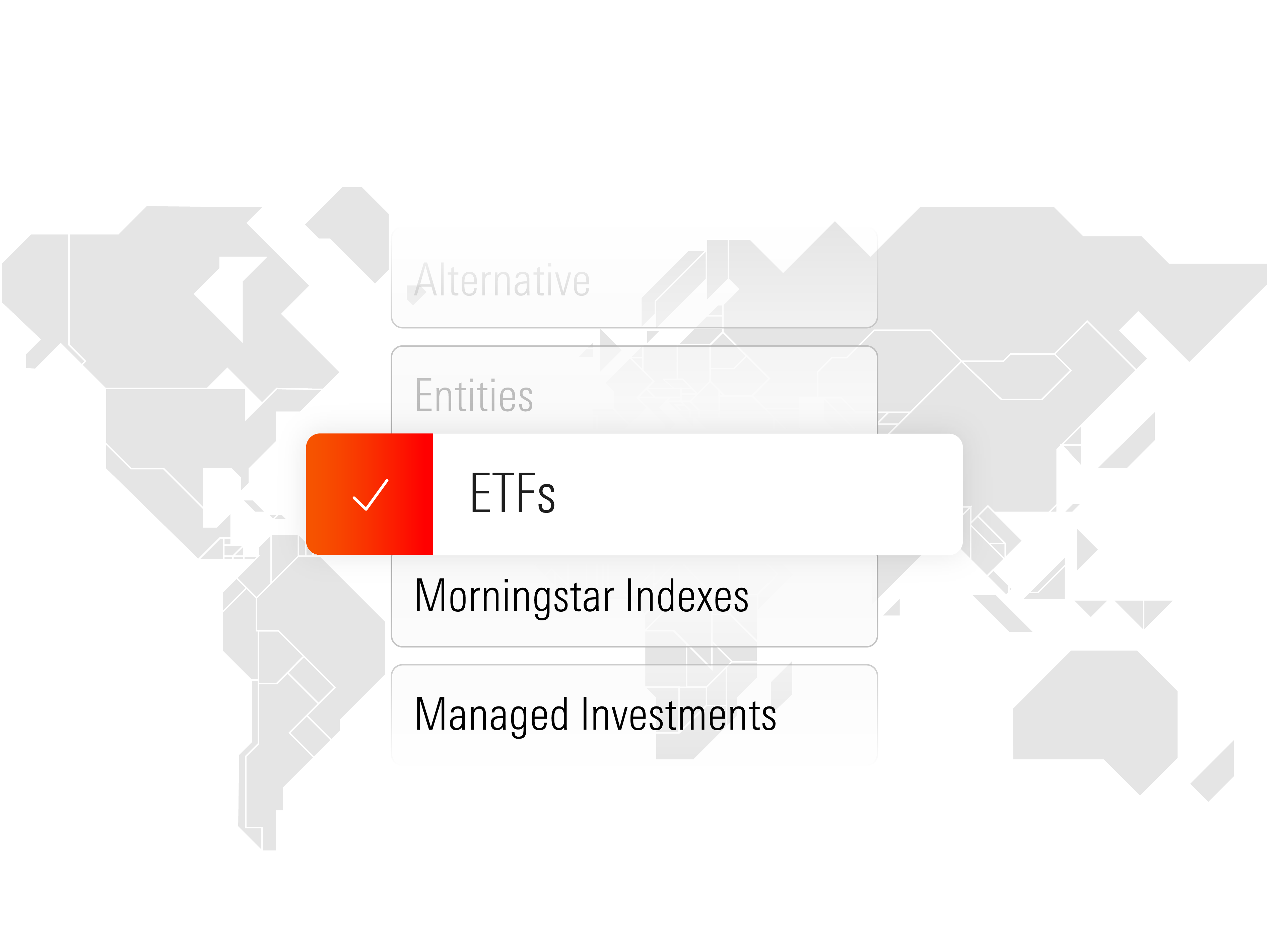 Covered asset classes and investment vehicles, including alternatives, entities, ETFs, Morningstar indexes, and managed investments.