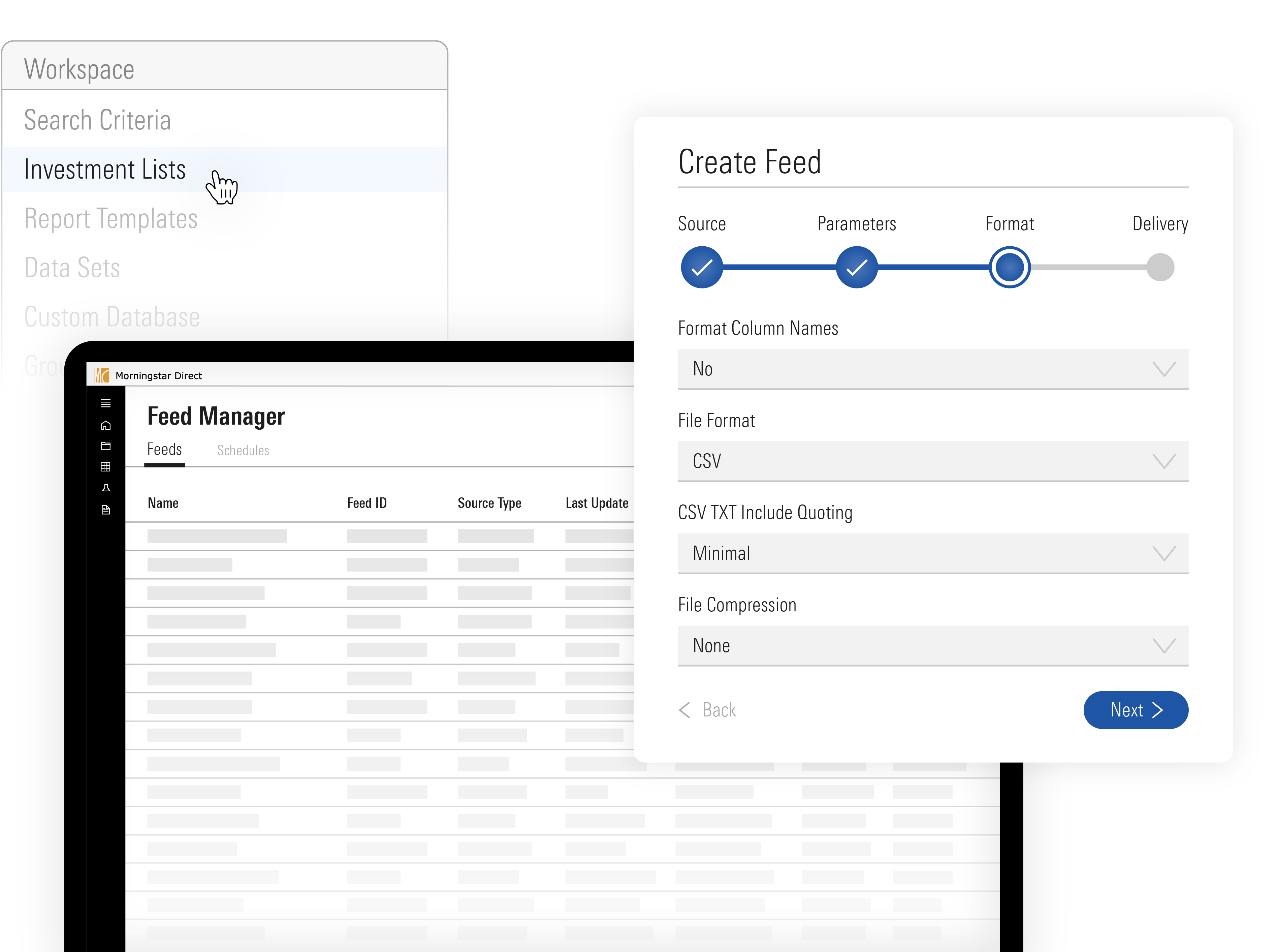 An illustration of Morningstar data feeds, showing the Create Feed module, Morningstar Direct workspace, and workspace options.