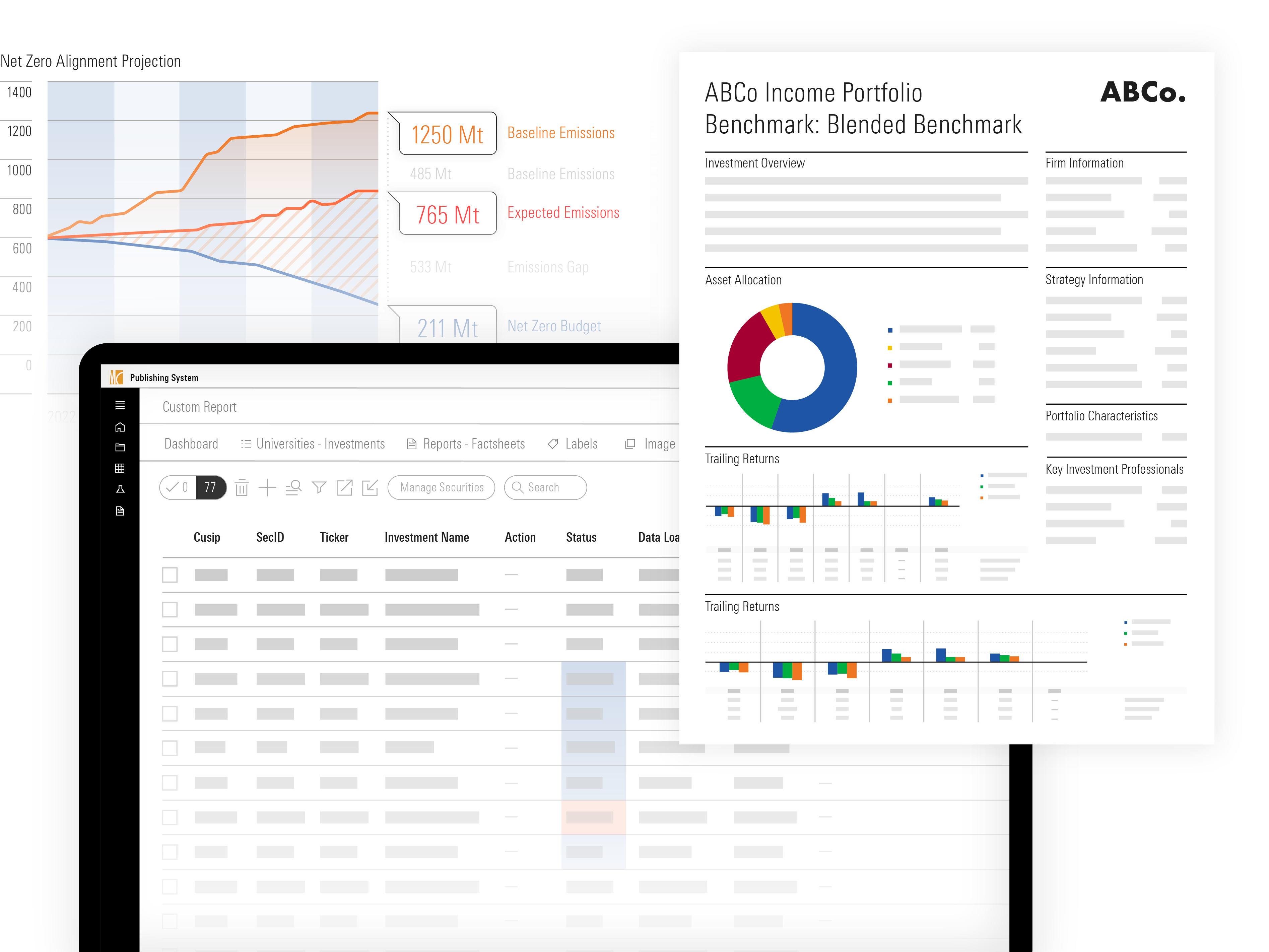 An illustration of Publishing System showing a custom report dashboard, an income portfolio benchmark report, and a net zero alignment projection graph. 