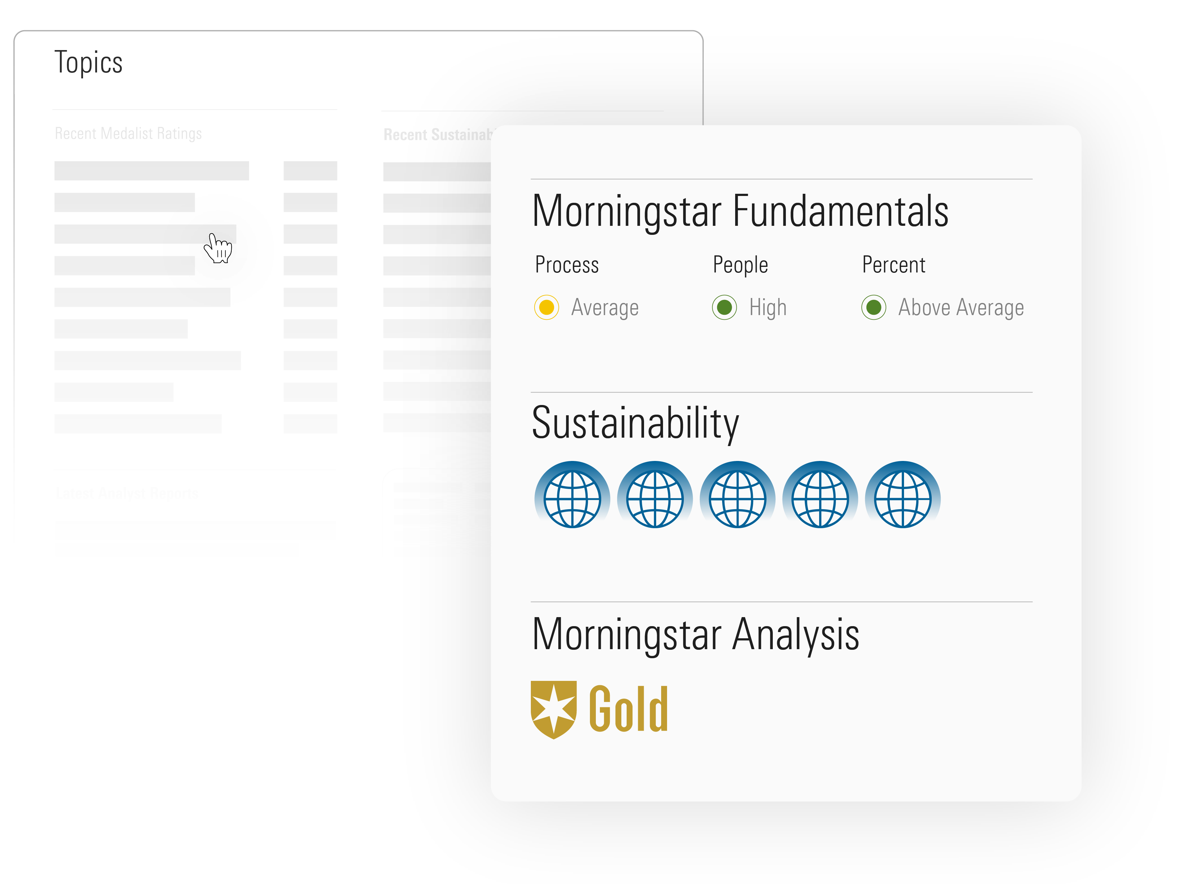 Illustration of Morningstar topics, including Morningstar Fundamentals, Sustainability, and Morningstar Analysis.