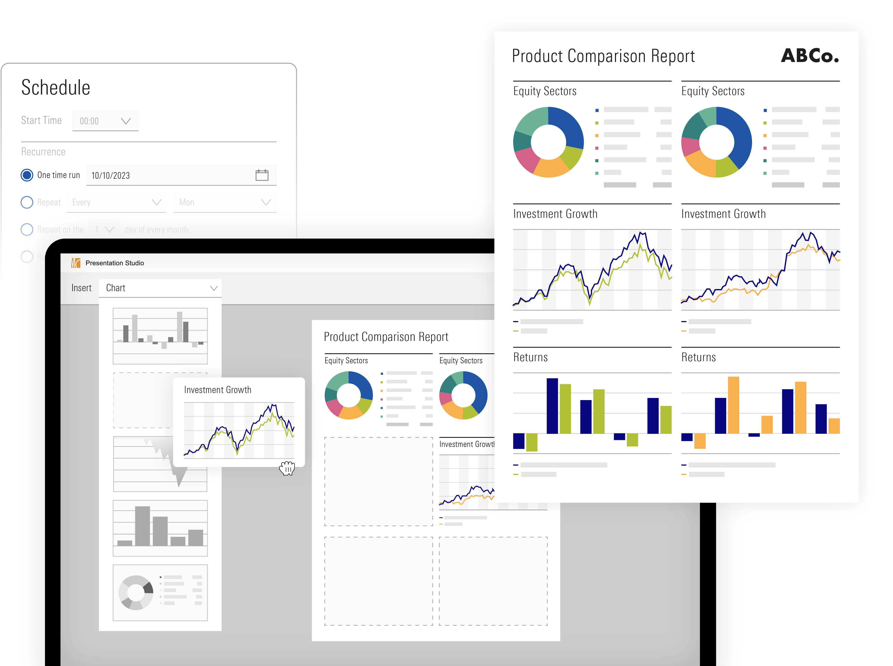 An illustration demonstrating an investment product comparison report generated with Morning Direct Presentation Studio.