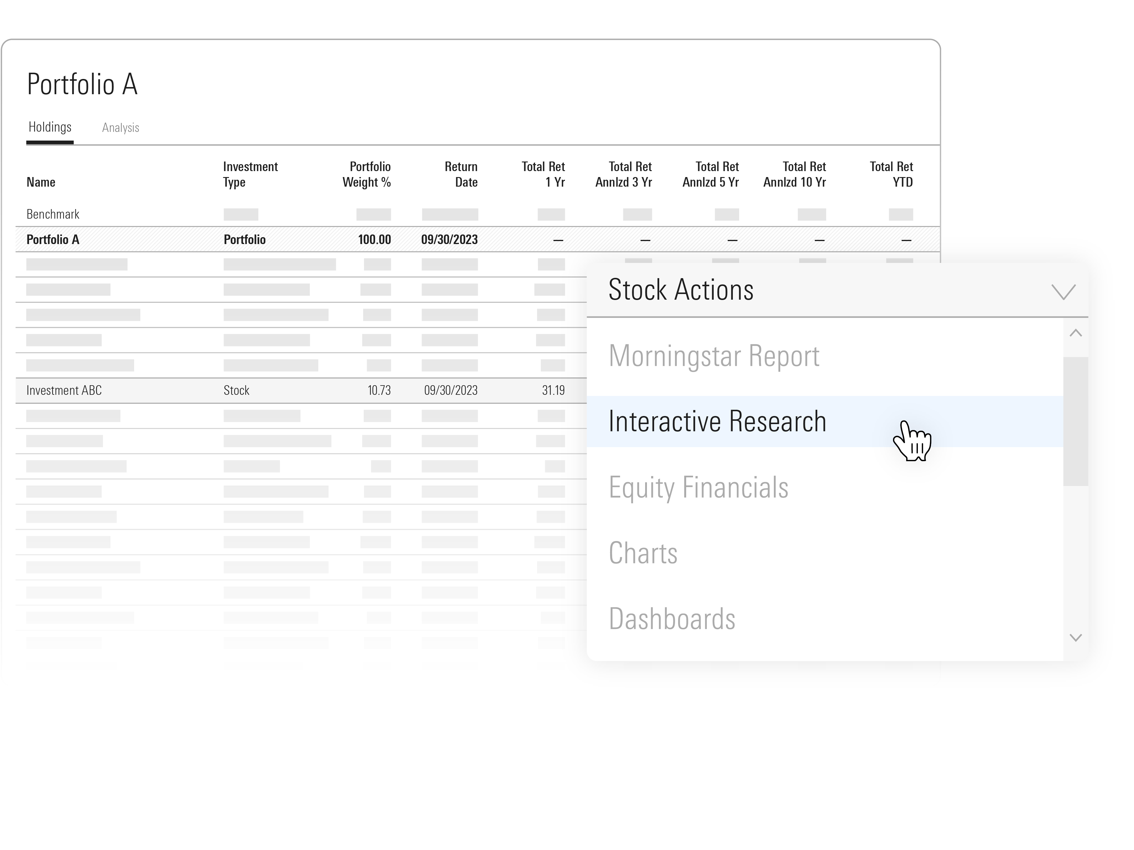 Illustration of a portfolio and a stock actions drop-down menu with options that include equity financials, charts, and dashboards.