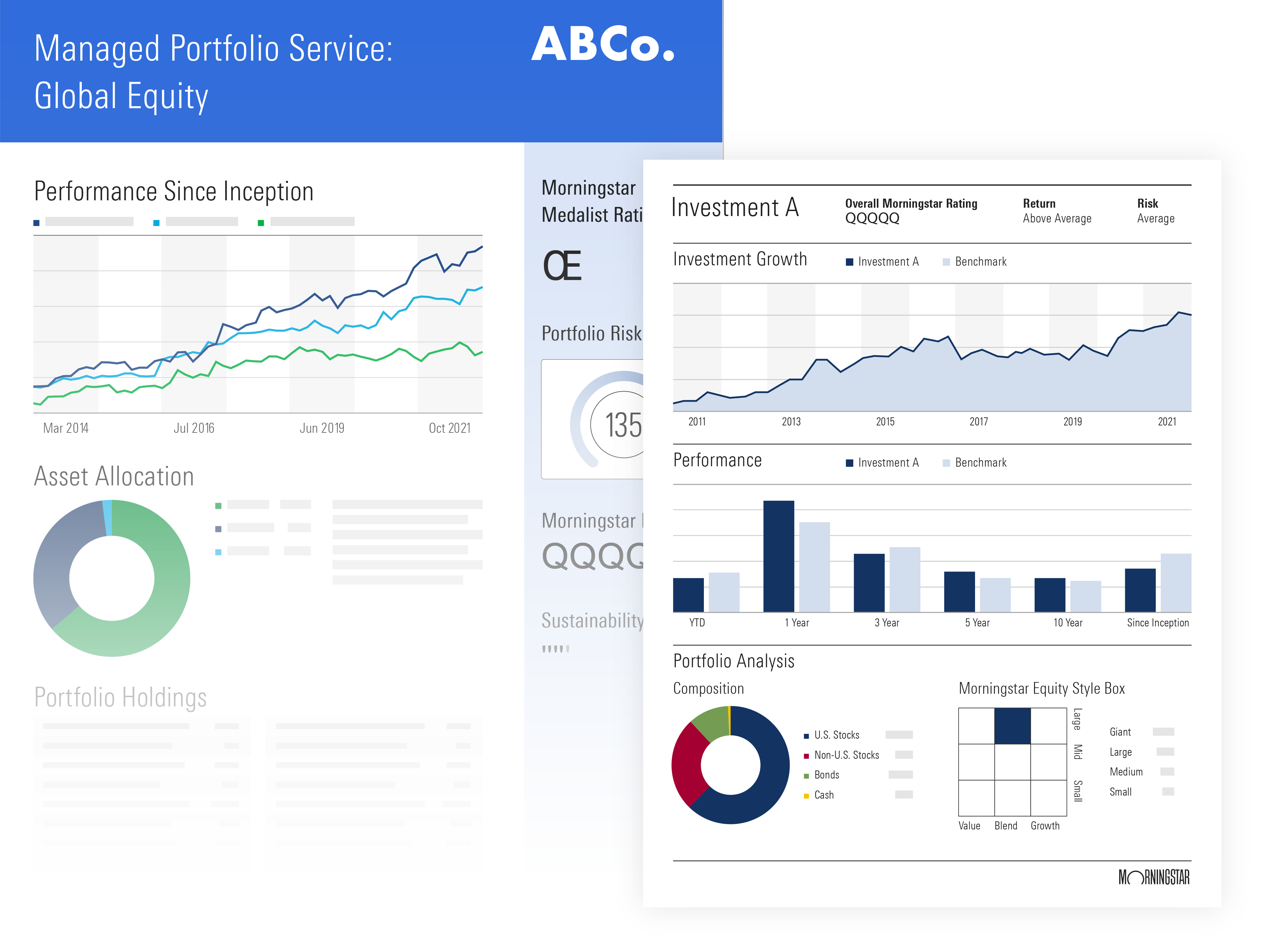 Sample report for a managed portfolio service, designed with the client's logo and brand colors.