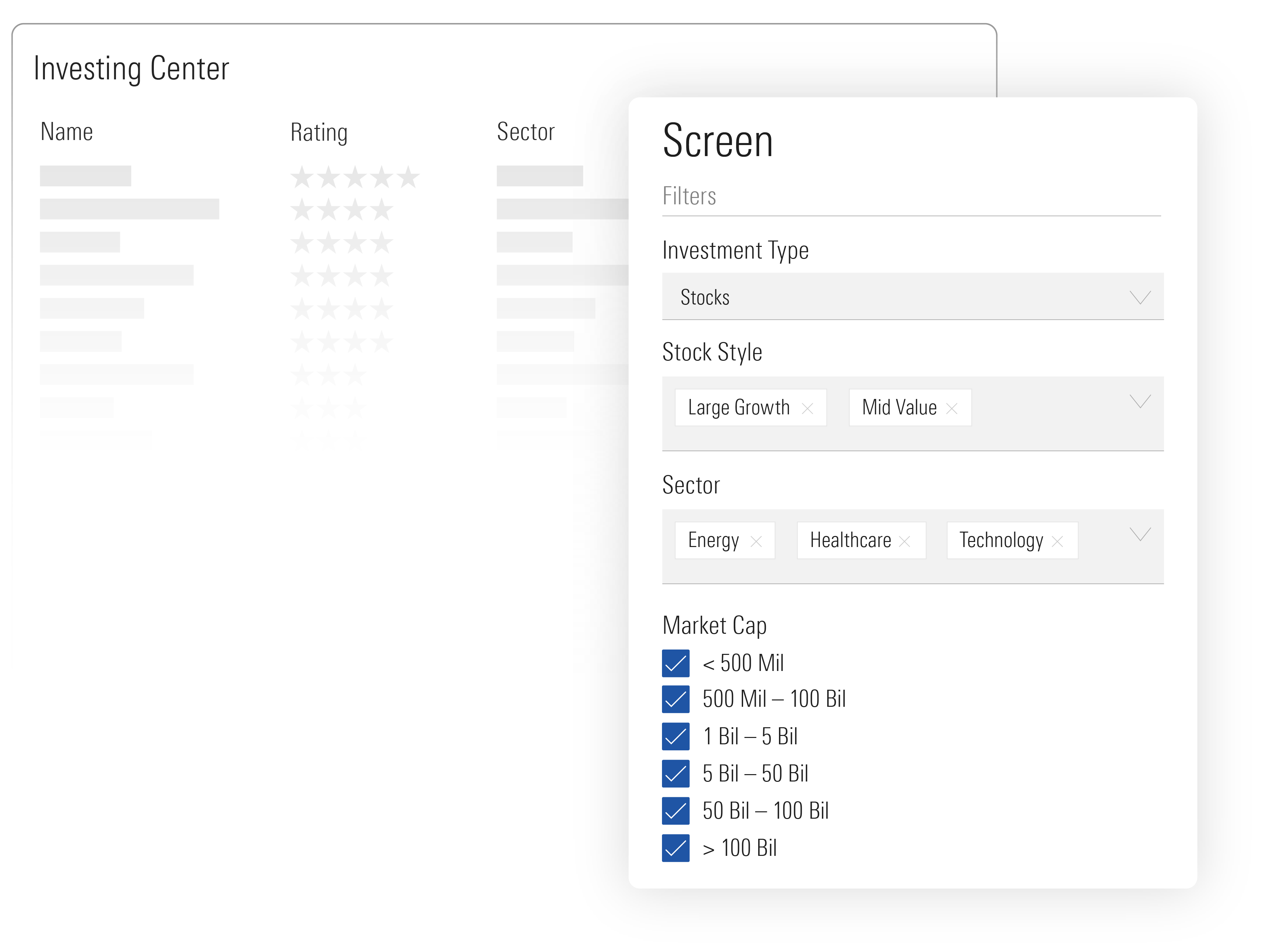 Illustration of the investment screener in Investing Center, with filters for investment type, stock style, sector, and market cap.