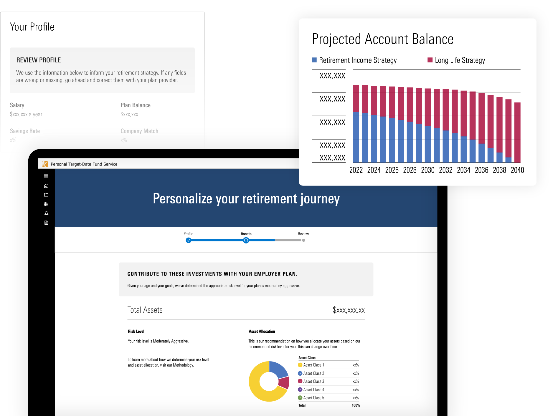 An illustration showing Personal Target-Date Fund Service interfaces, including a profile module and a graph of projected account balance.