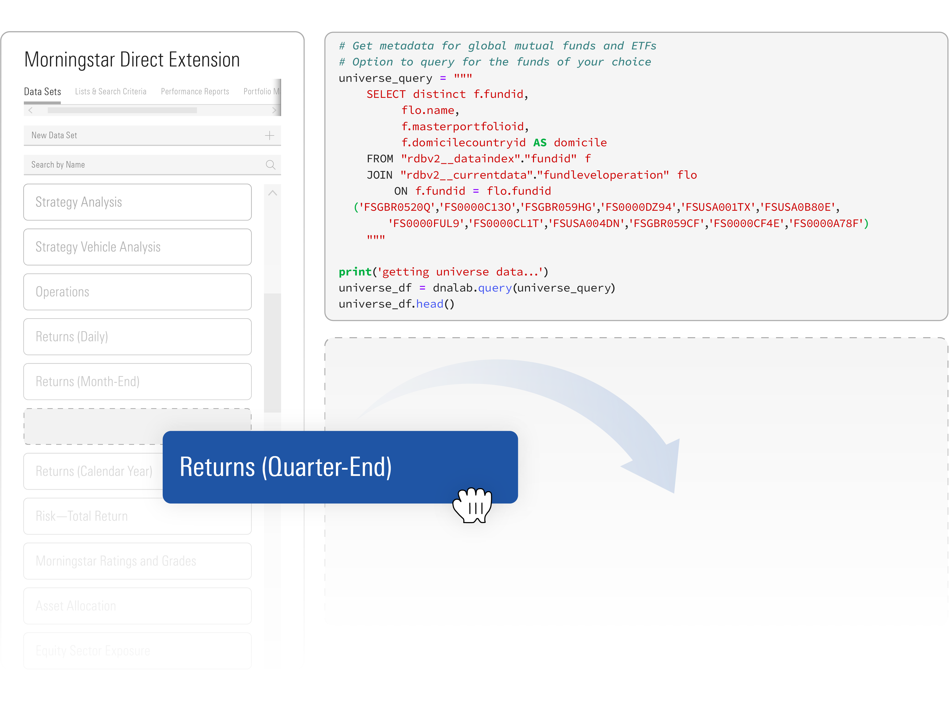 Drag-and-drop code snippets for faster investment analysis.