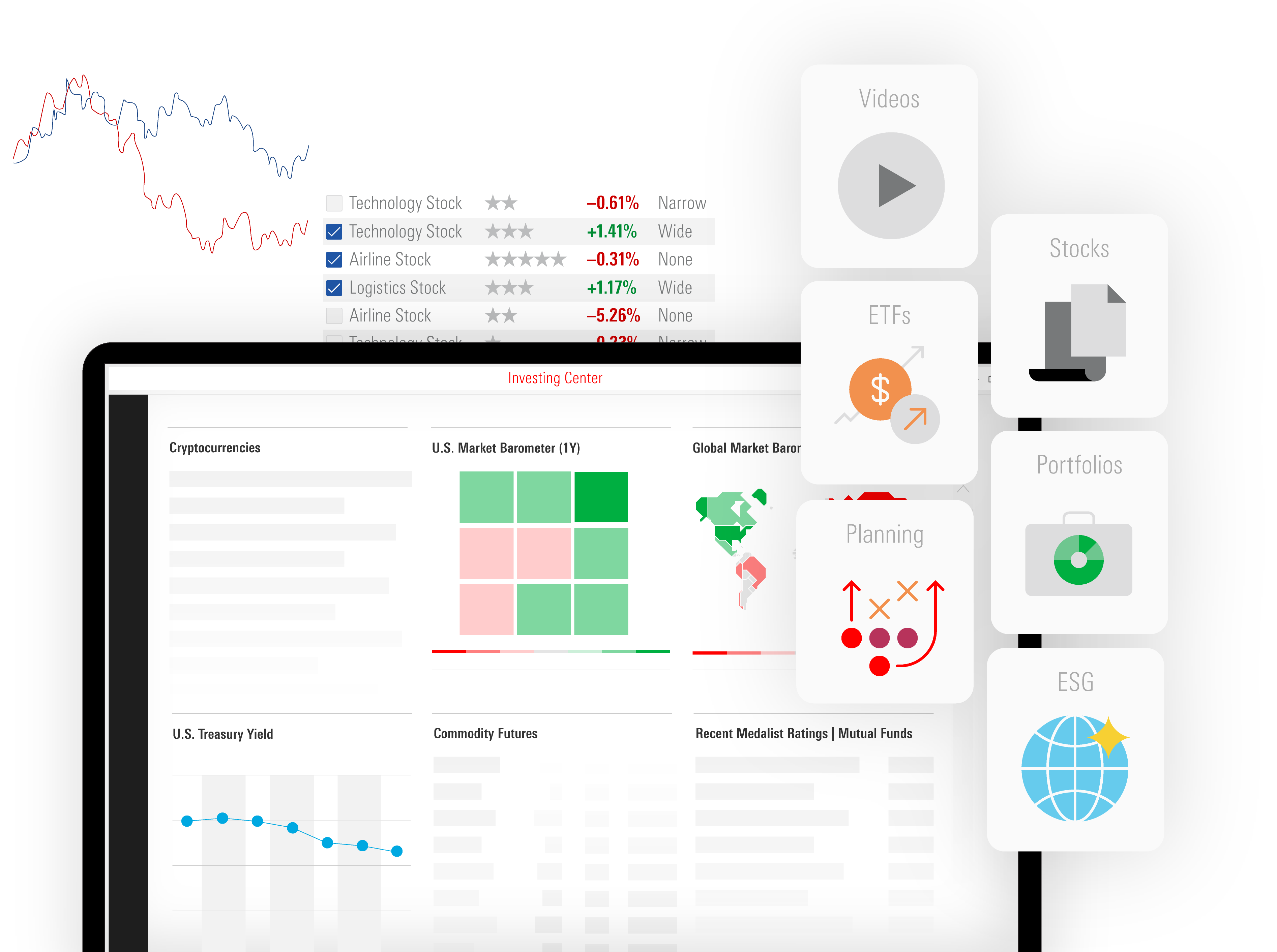 An illustration of the homepage in Investing Center, showing categories such as videos, ETFs, planning, stocks, portfolios, and ESG.