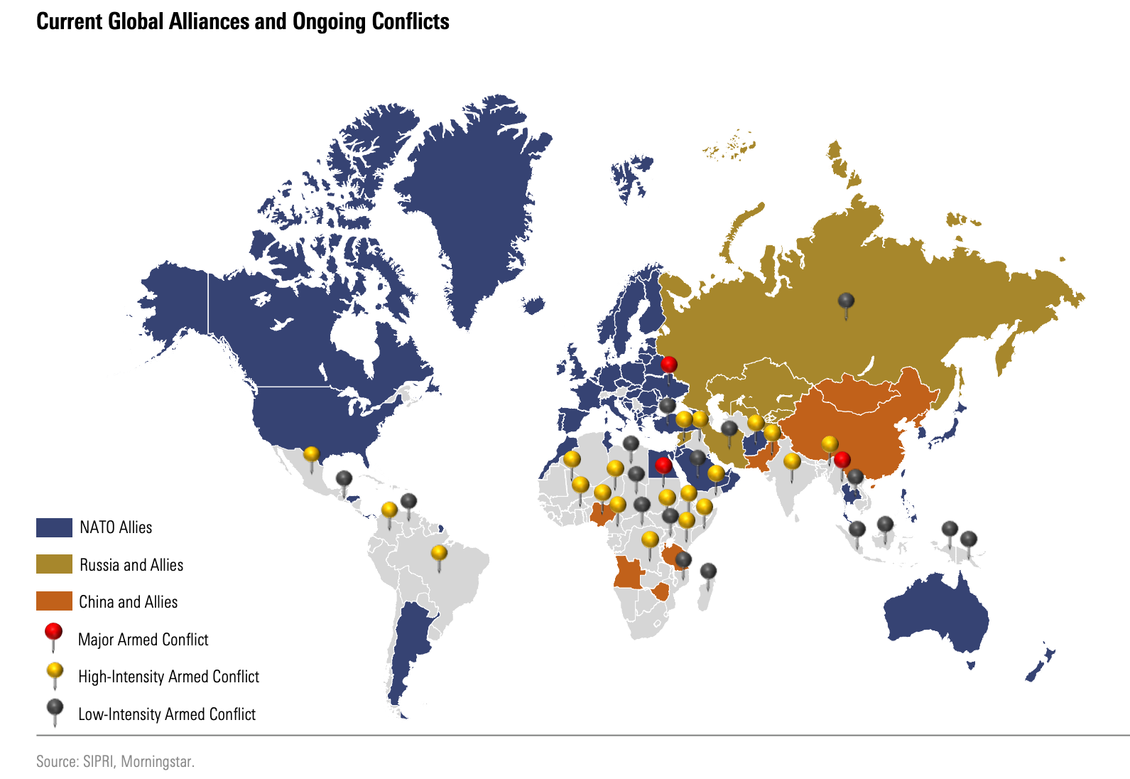 A map depicting where there is conflict around the globe and what kind of conflict it is